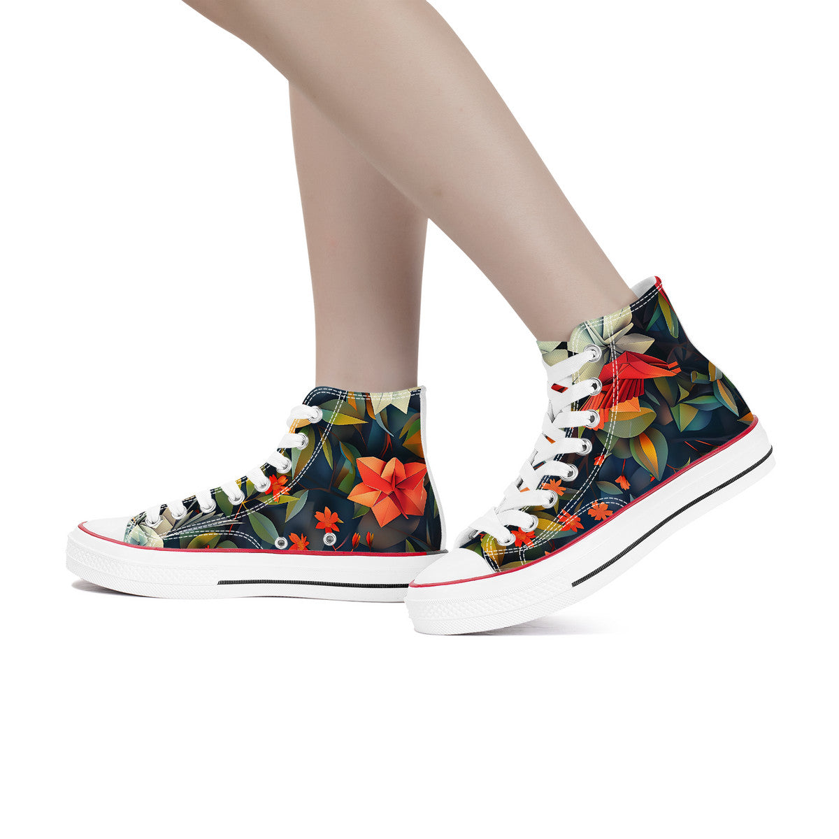 Floral high-top sneakers worn with beige tights on a white background