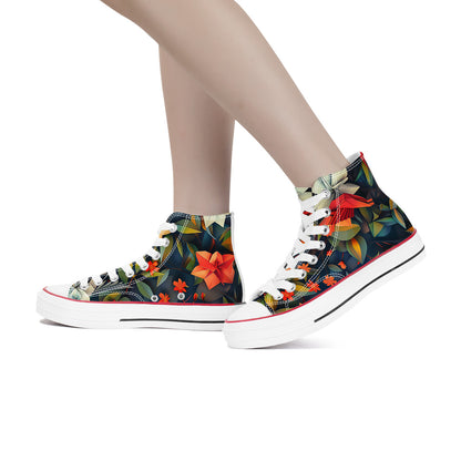 Floral high-top sneakers worn with beige tights on a white background