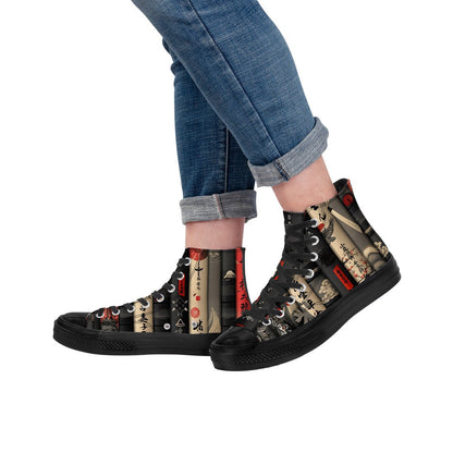 Black High - Top Sneakers with Japanese Book Spine Print - 