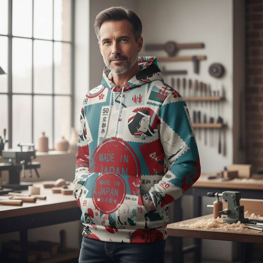 Man wearing a colorful hoodie with 'Made in Japan' design in a workshop setting