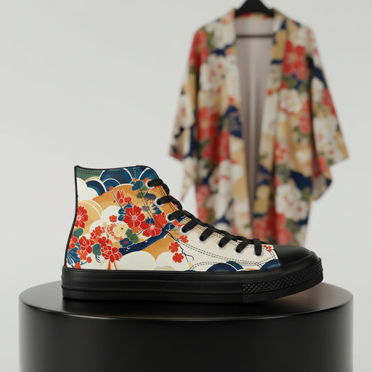 A side profile of a high-top sneaker featuring an intricate floral and geometric Japanese kimono pattern in vibrant gold, red, and blue over a deep black canvas with white soles.
