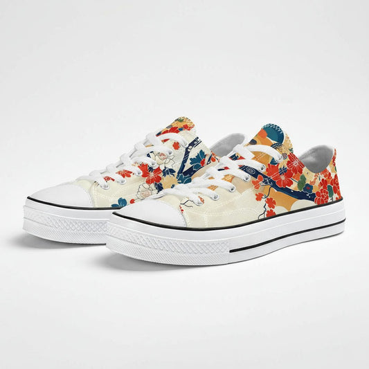 Japanese Floral and Wave Low - Top Sneakers - 