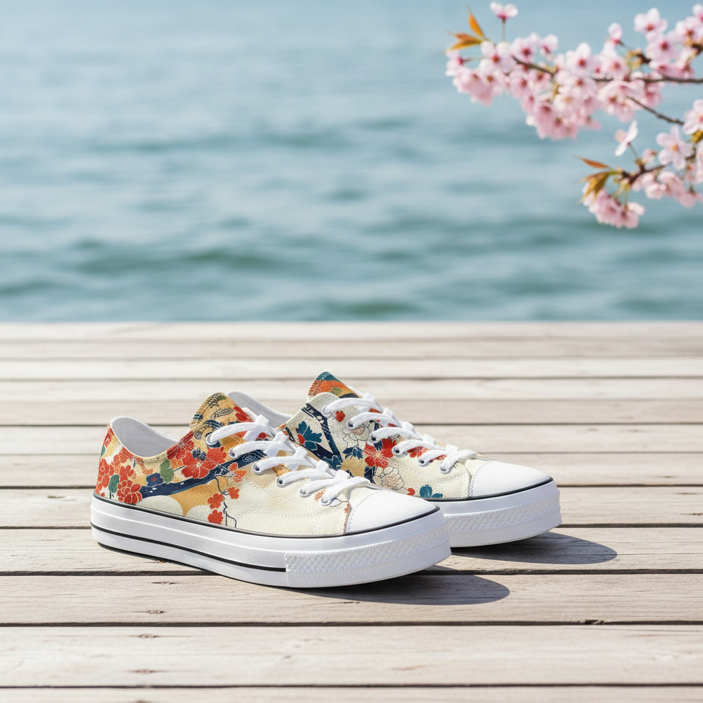 Floral & Wave Japanese Low Tops - Seigaiha Art Sneakers | KAITO Floral & Wave Japanese Low Tops - Seigaiha Art Sneakers | KAITO