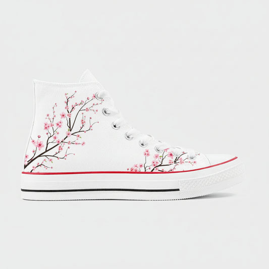 White High Top Canvas Shoes with an all-over Japanese Sakura (Cherry Blossom) floral print in pink and white.