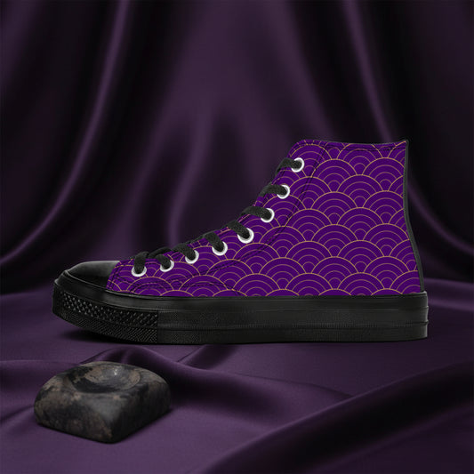 Side profile of a premium violet purple high-top sneaker featuring a gold-lined Seigaiha wave pattern on the canvas with a solid black rubber sole and black laces.