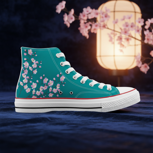Teal high-top sneaker with floral design on a dark background with cherry blossoms and a lantern.