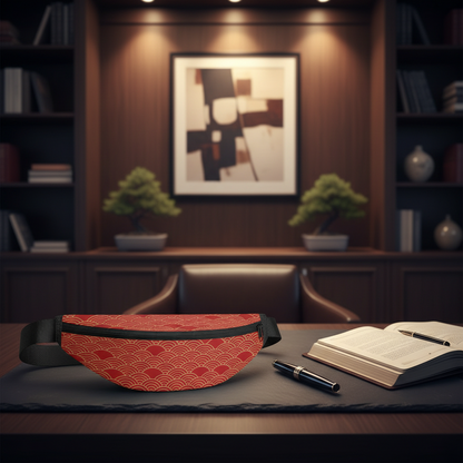 Red patterned bag on a table with a book and pen in a dimly lit room.
