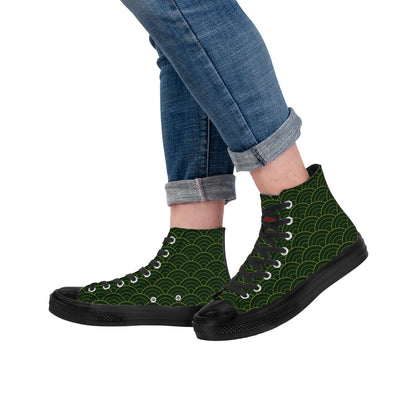 Green high-top sneakers with black soles worn by a person in blue jeans.