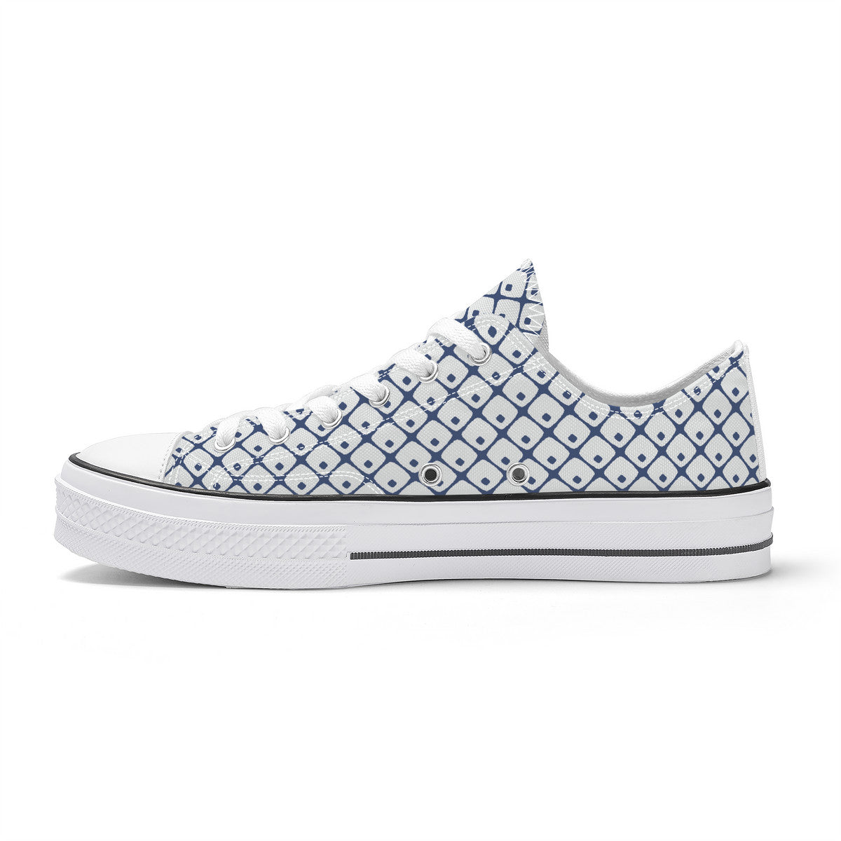 White sneaker with blue pattern on a white background
