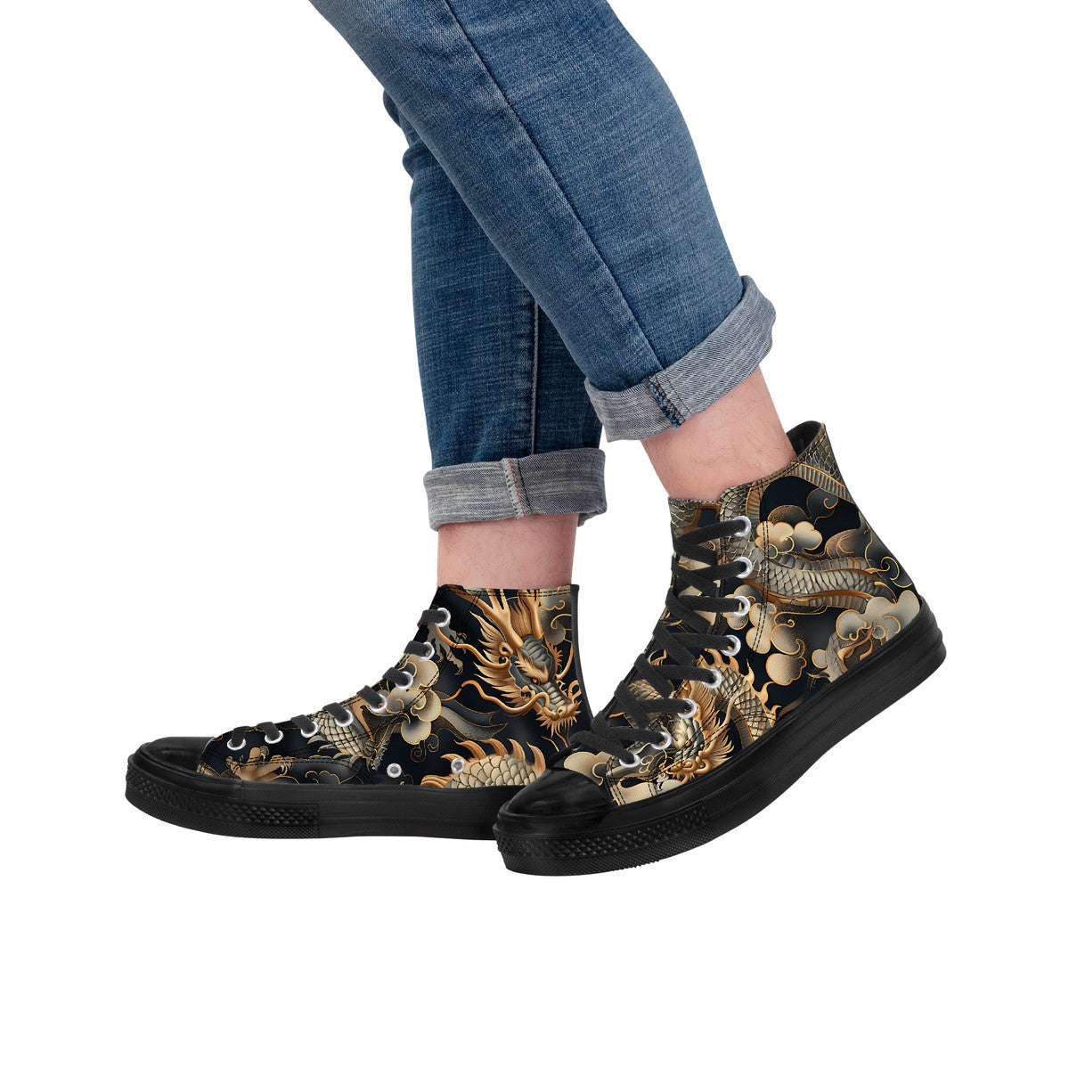 High-top sneakers with dragon design worn with rolled-up jeans on a white background