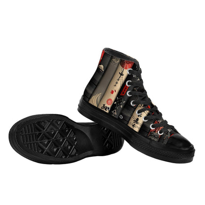 Black High - Top Sneakers with Japanese Book Spine Print - 