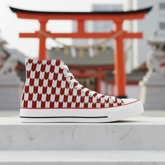 Red and white checkered sneaker with a blurred traditional Japanese gate in the background