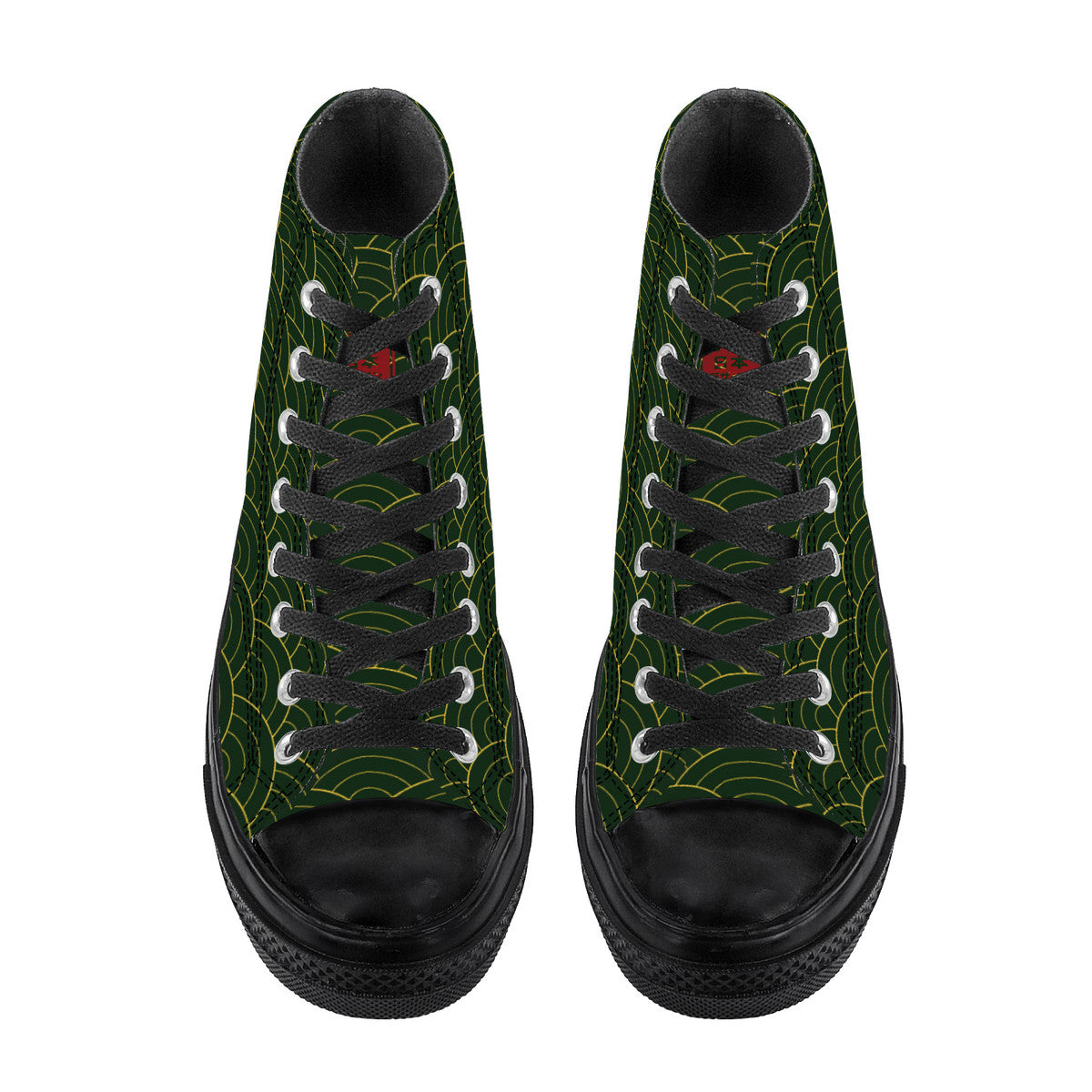 High-top sneakers with green pattern and black soles on a white background