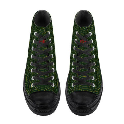 High-top sneakers with green pattern and black soles on a white background