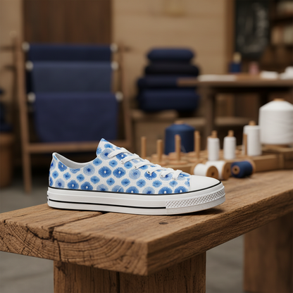 Blue and white patterned sneaker on a wooden surface with a blurred background