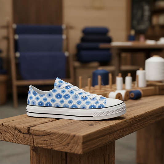 Blue and white patterned sneaker on a wooden surface with a blurred background