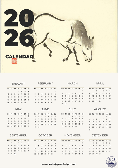 Calendar for 2026 with a horse illustration on a beige background
