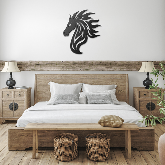 Wooden bed with white bedding, nightstands, and a horse head wall decor in a bedroom setting.