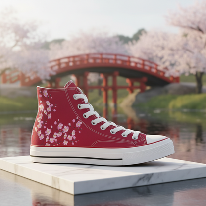 Red high-top sneaker with white floral pattern on a platform with cherry blossom trees and a bridge in the background.
