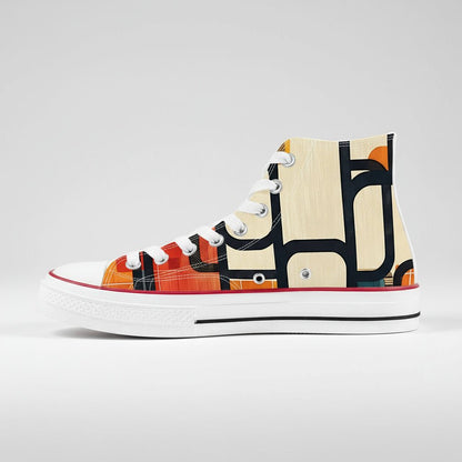 lack and white Enso Rounded Grid geometric pattern high top canvas shoes with Zen Circle inspiration.