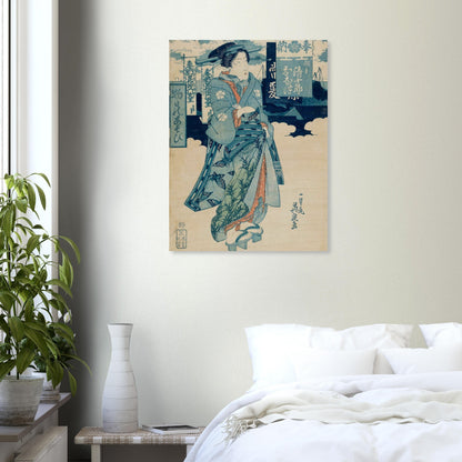 Japanese artwork on canvas hanging above a bed in a bedroom