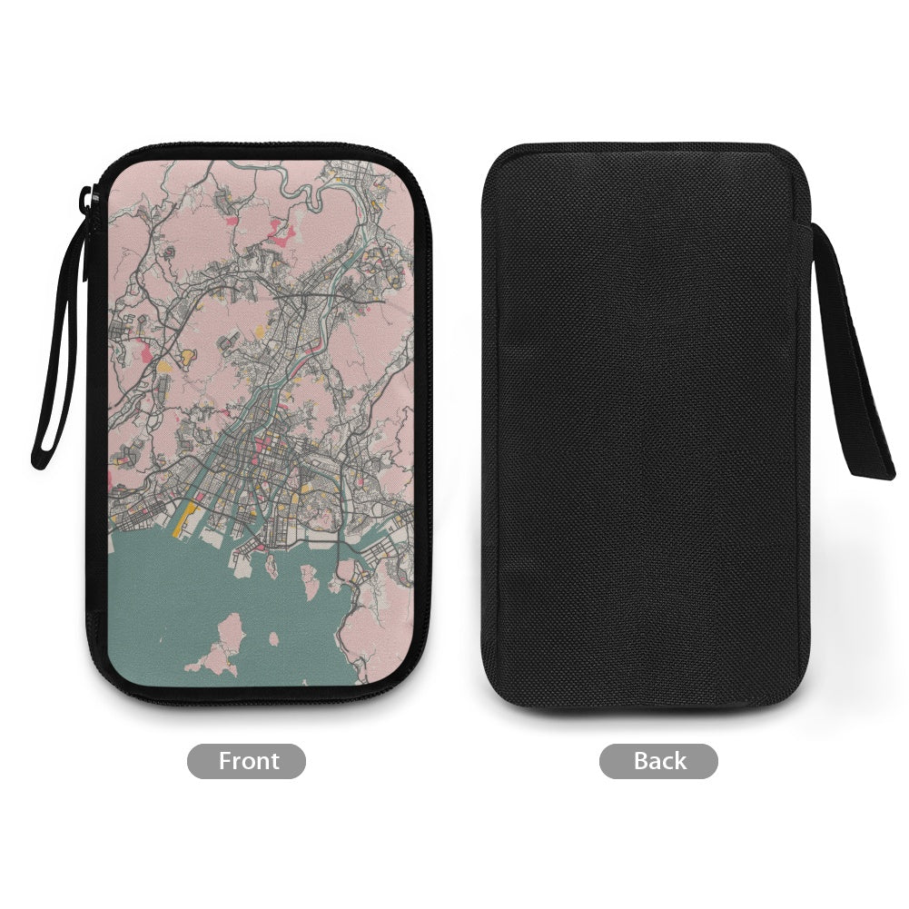 Black zippered case with a map design on the front, shown from the front and back views.