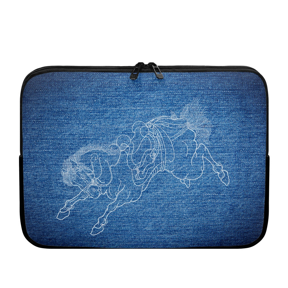 Blue denim-style laptop sleeve with a white horse design on a white background