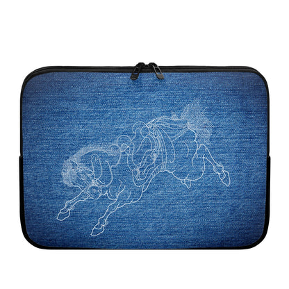 Blue denim-style laptop sleeve with a white horse design on a white background