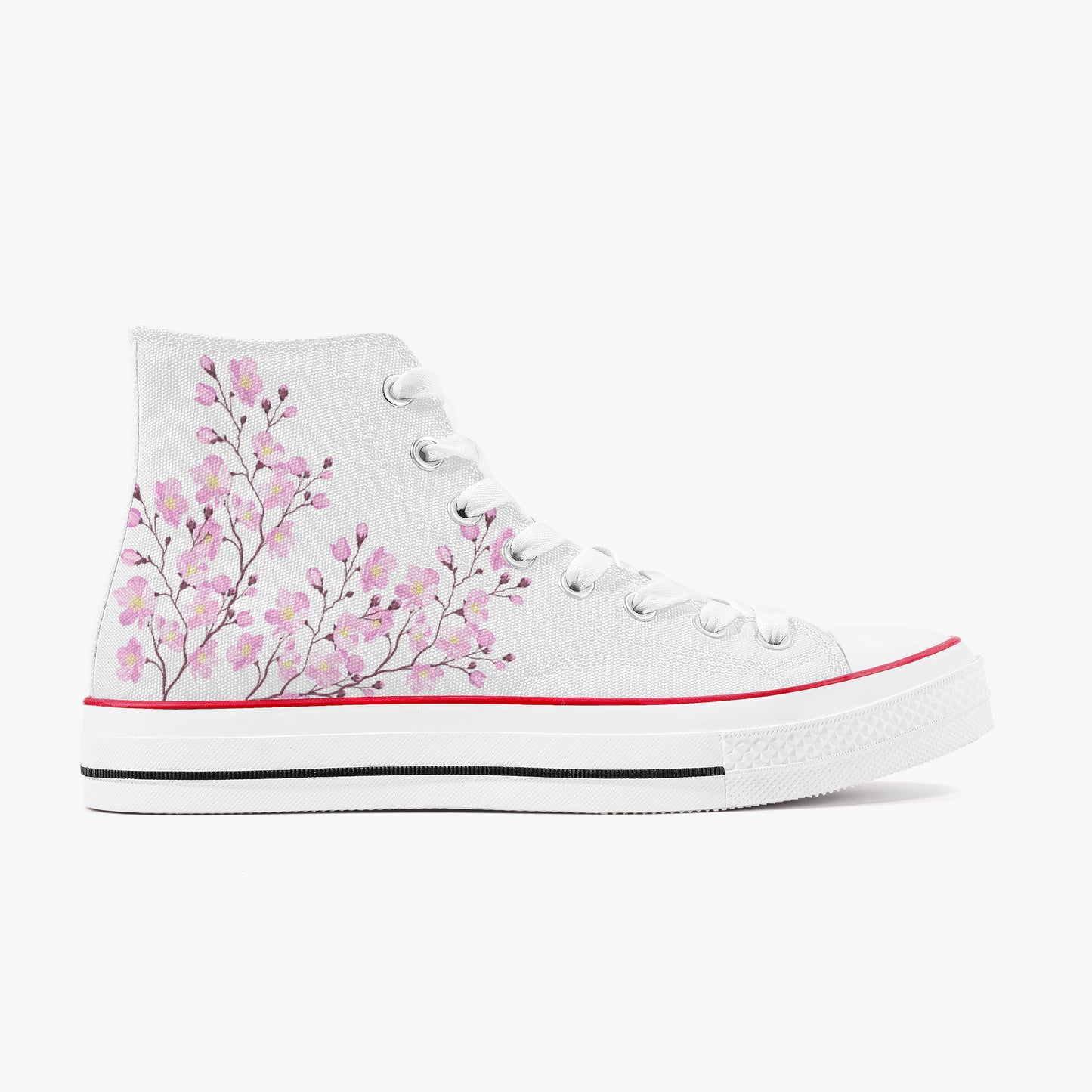 White high-top sneaker with pink floral design on a white background