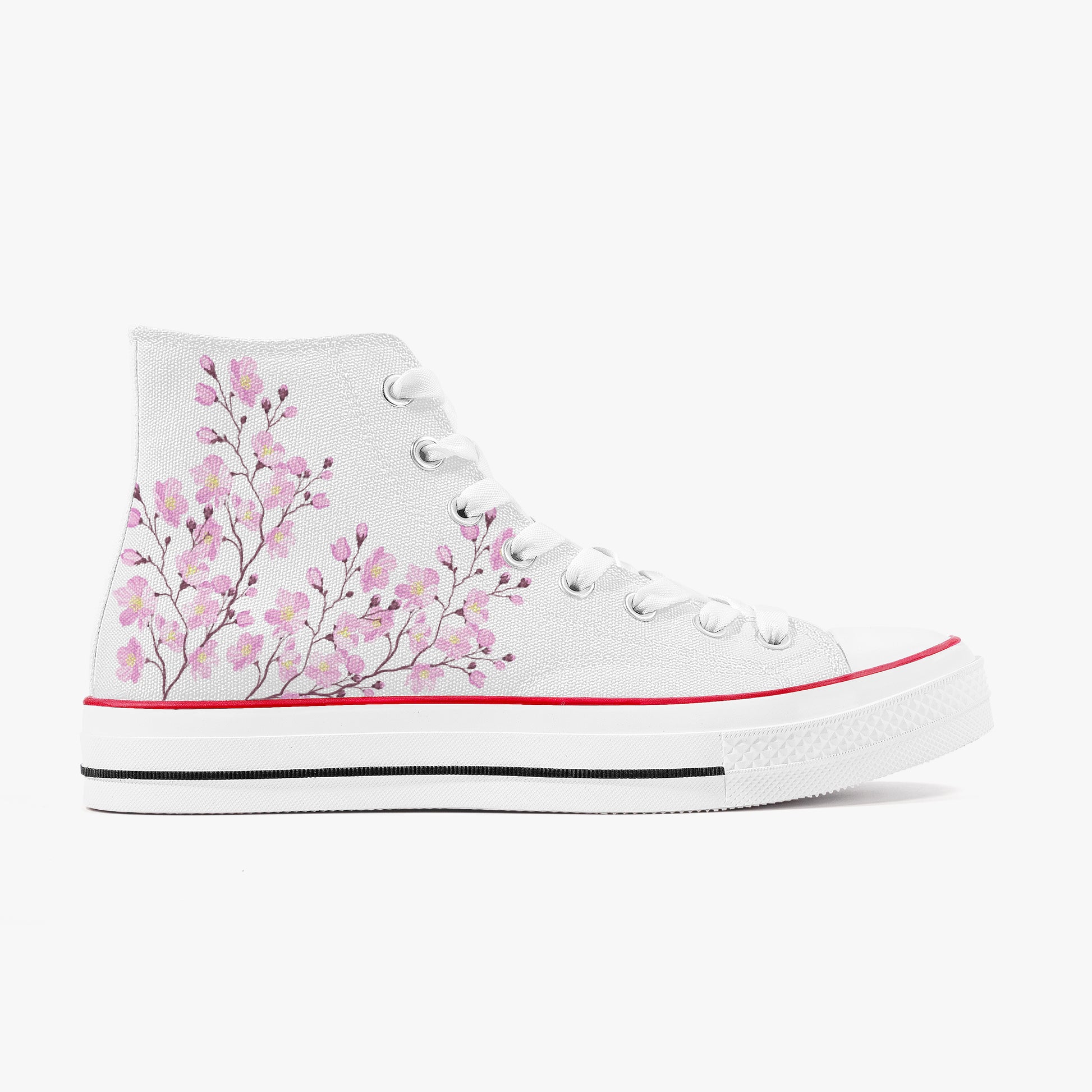 White high-top sneaker with pink floral design on a white background