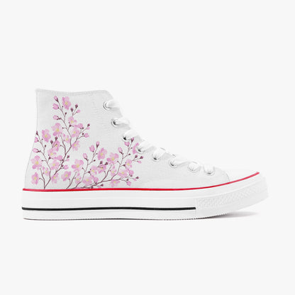 White high-top sneaker with pink floral design on a white background