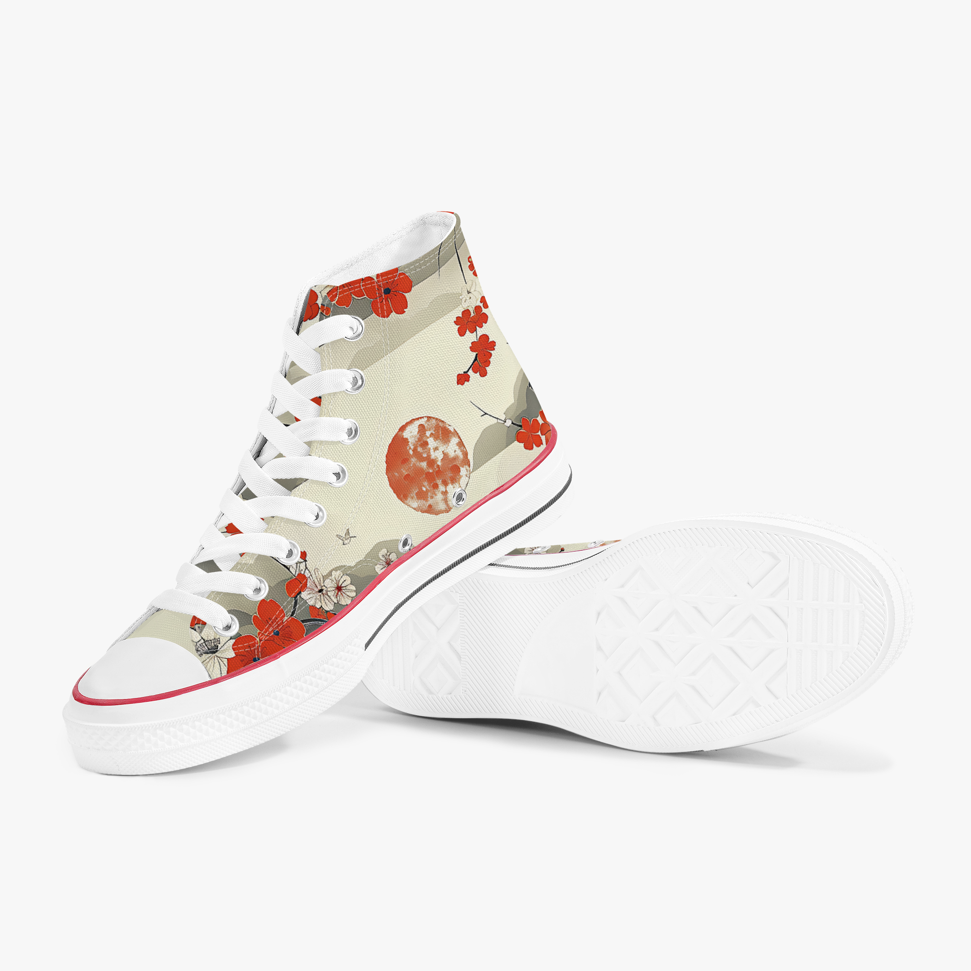 White high-top sneakers with floral pattern on a white background