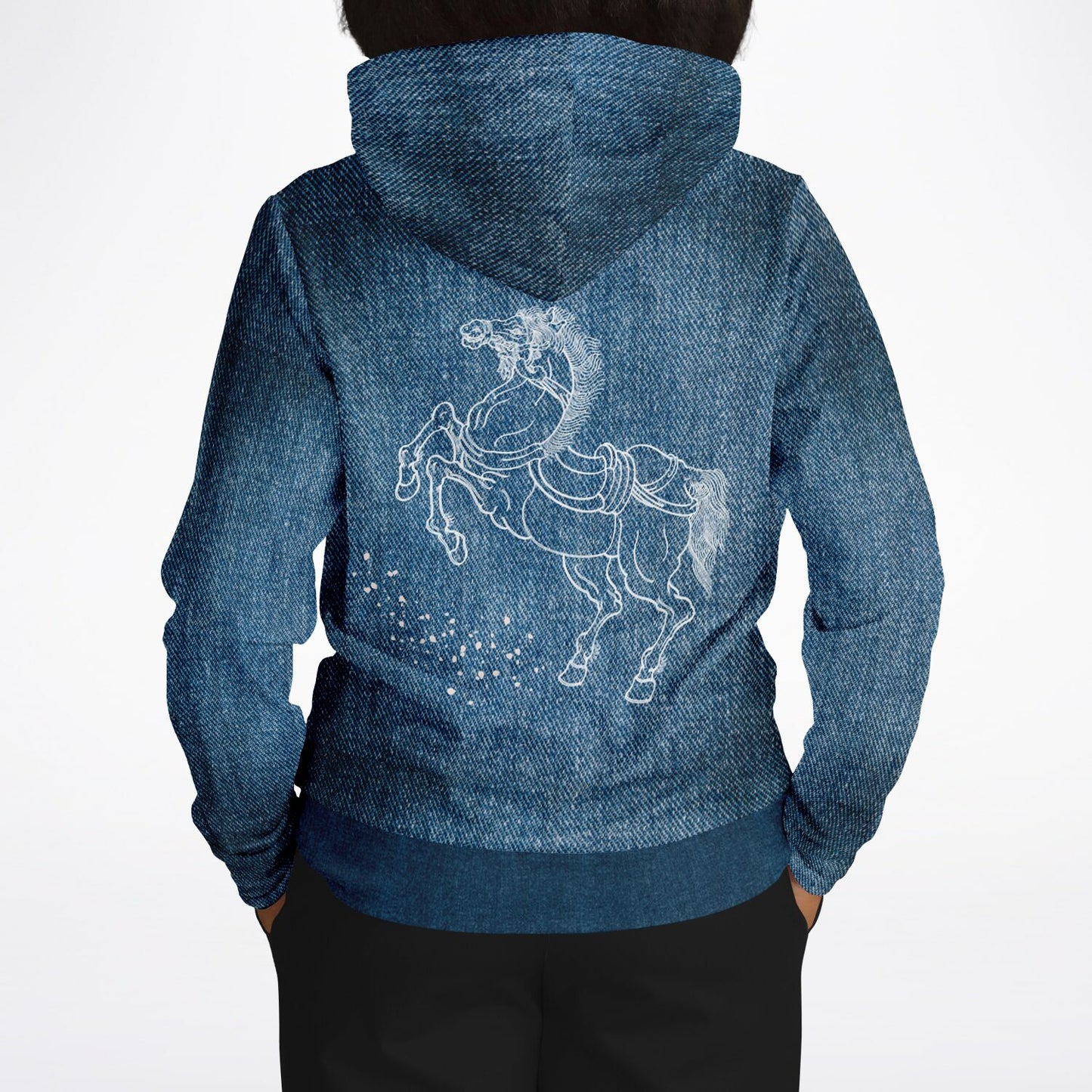 Blue hoodie with a horse design on the back against a white background