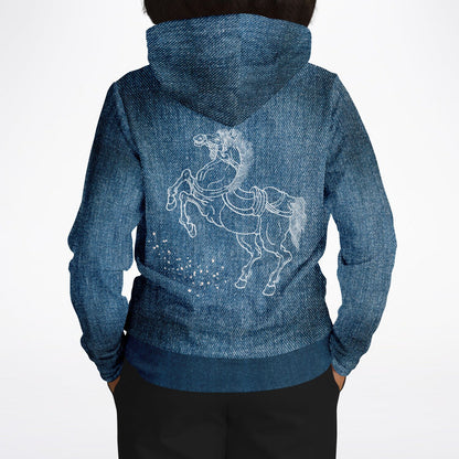 Blue hoodie with a horse design on the back against a white background