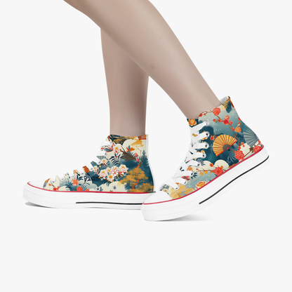 Colorful floral high-top sneakers worn by a person on a white background