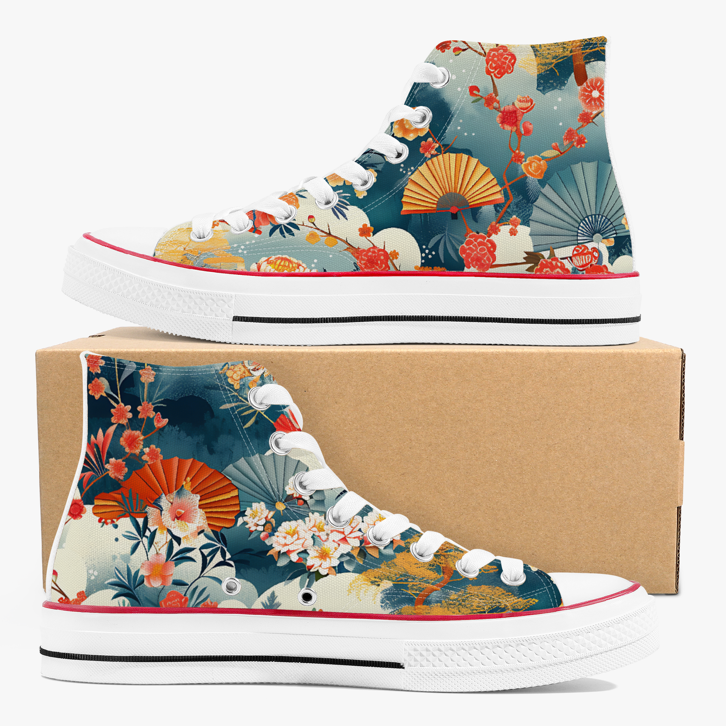 Colorful floral high-top sneakers with a box on a white background