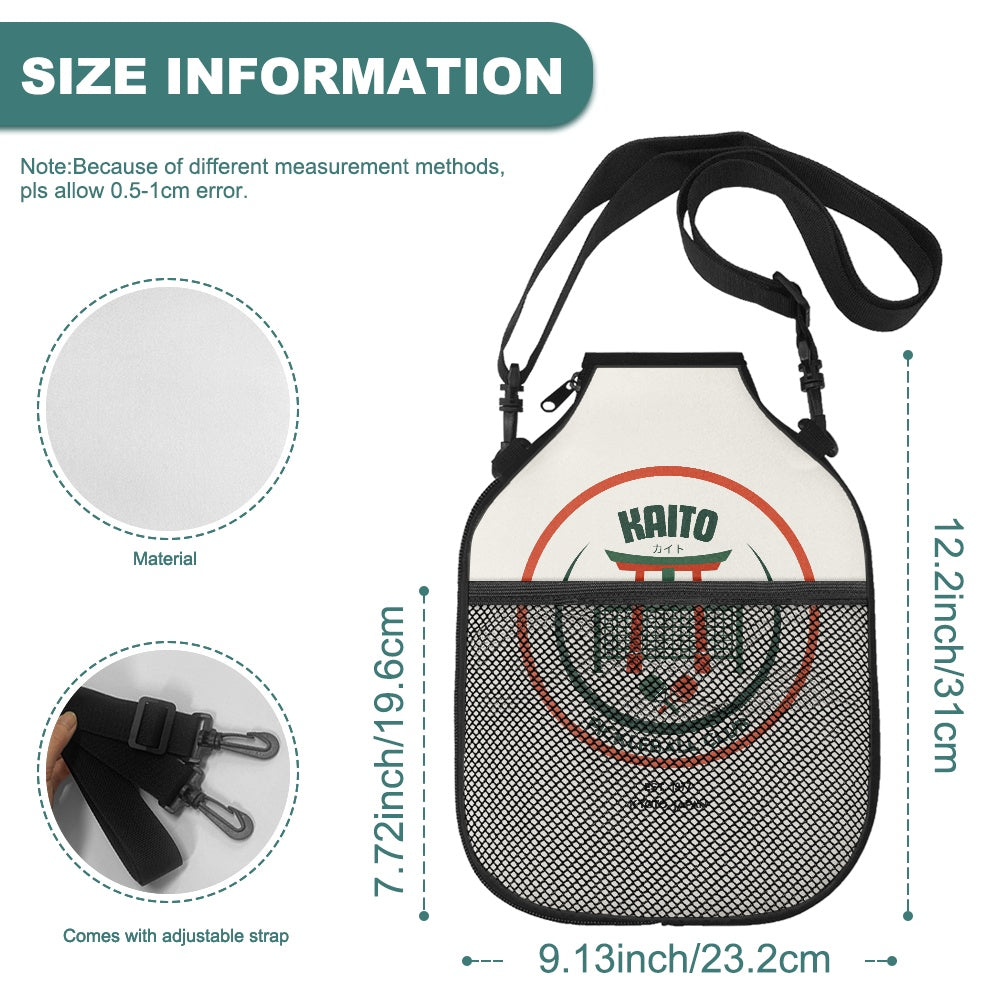 Measurement chart of a bag with Kaito branding, showing dimensions and strap details.