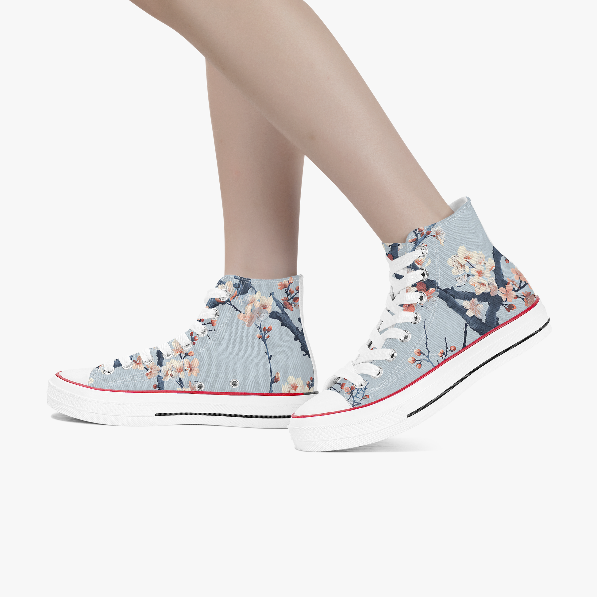 High-top sneakers with floral design on a light blue background