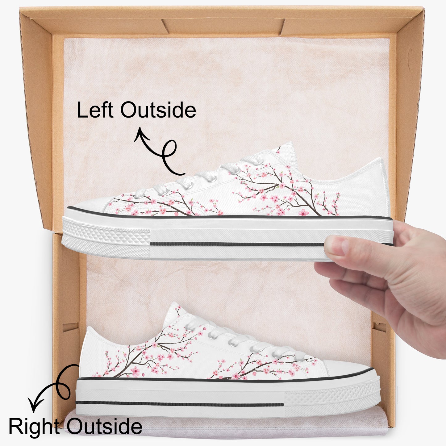 White sneakers with cherry blossom design inside a box, labeled 'Left Outside' and 'Right Outside'.