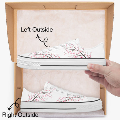 White sneakers with cherry blossom design inside a box, labeled 'Left Outside' and 'Right Outside'.