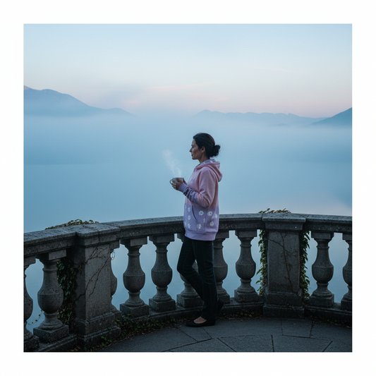 A sophisticated woman in her late 40s is standing on a balcony overlooking a foggy lake at dawn. She is wearing the Kasumi Twilight Zip-Up Hoodie