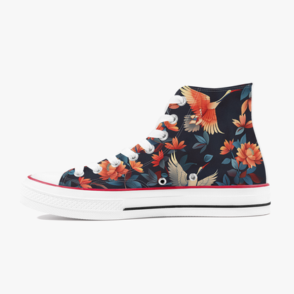 Floral and bird patterned high-top sneaker on a white background