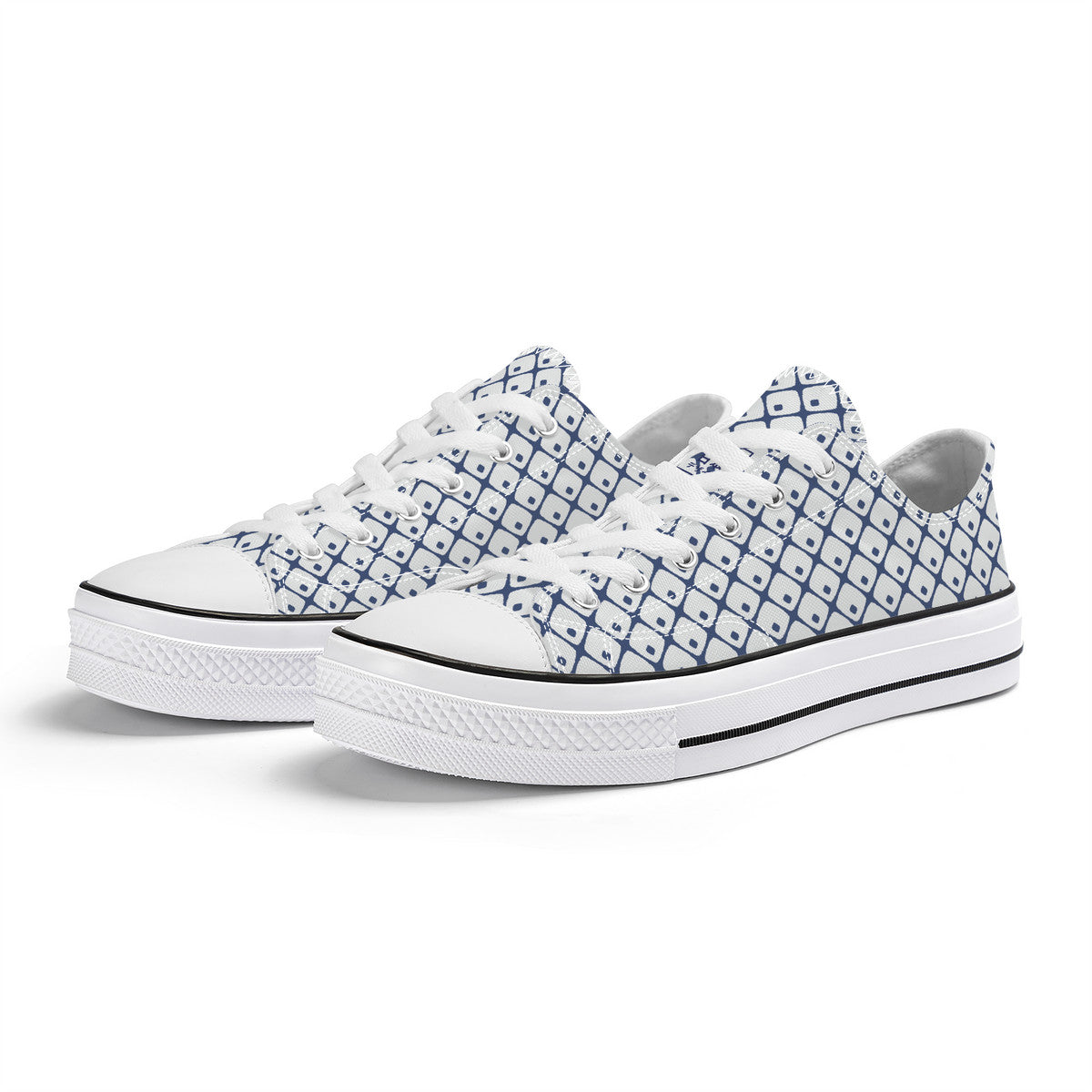 White sneakers with blue geometric pattern on a white background