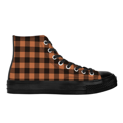 Black and brown checkered pattern canvas high top sneakers with Japanese Wagara design.