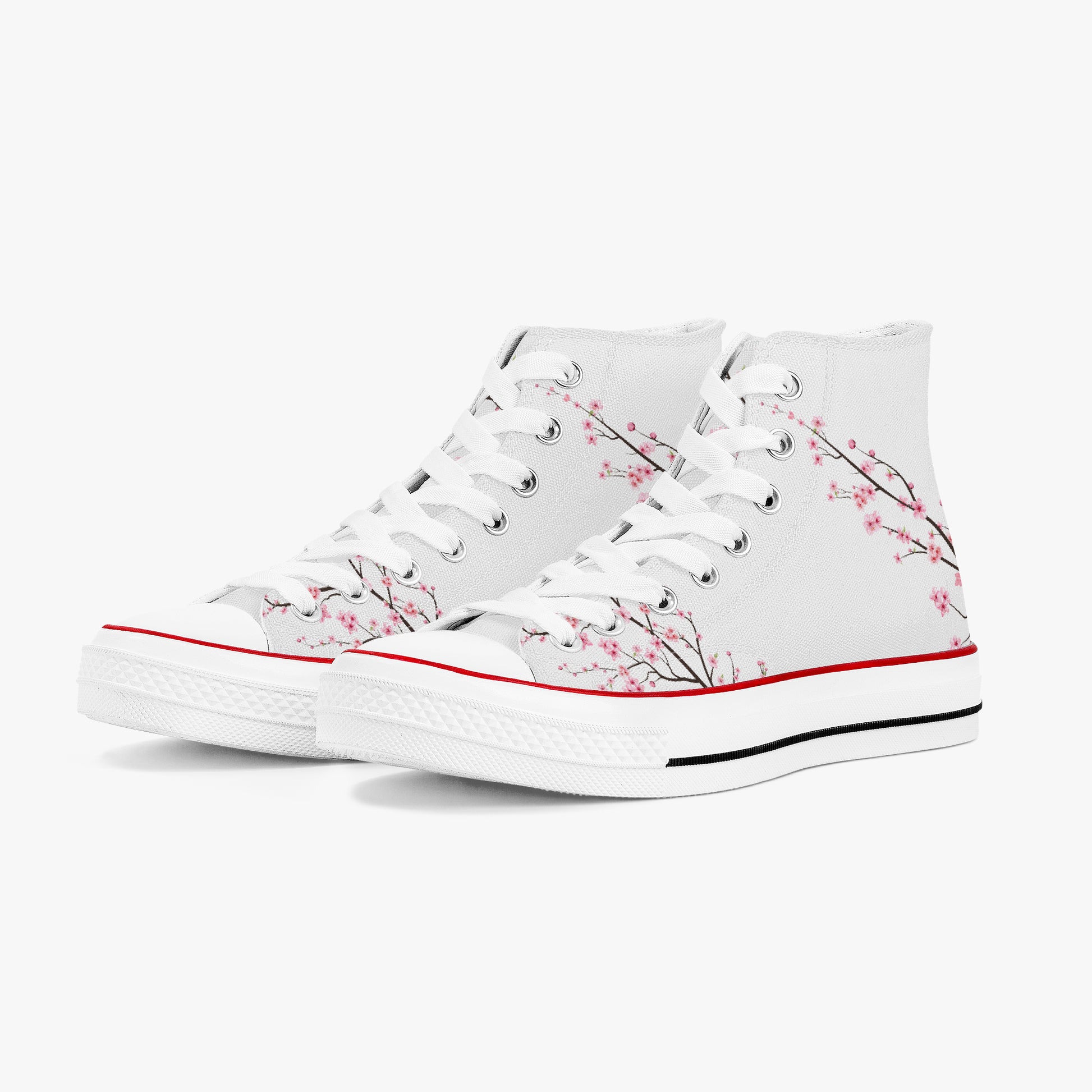 White high-top sneakers with cherry blossom design on a white background