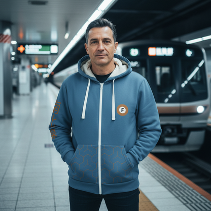 Man wearing a blue hoodie with a logo on a train platform