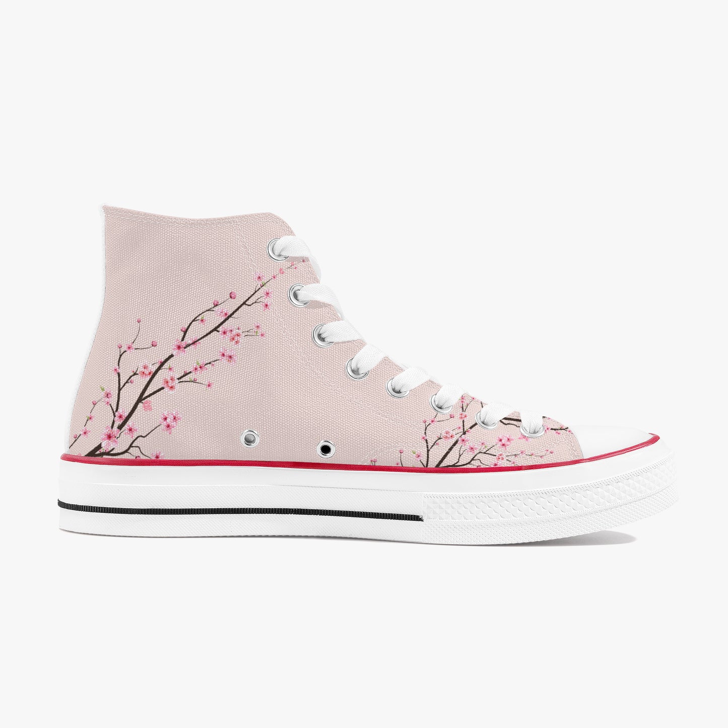 Pink high-top sneaker with cherry blossom design on a white background