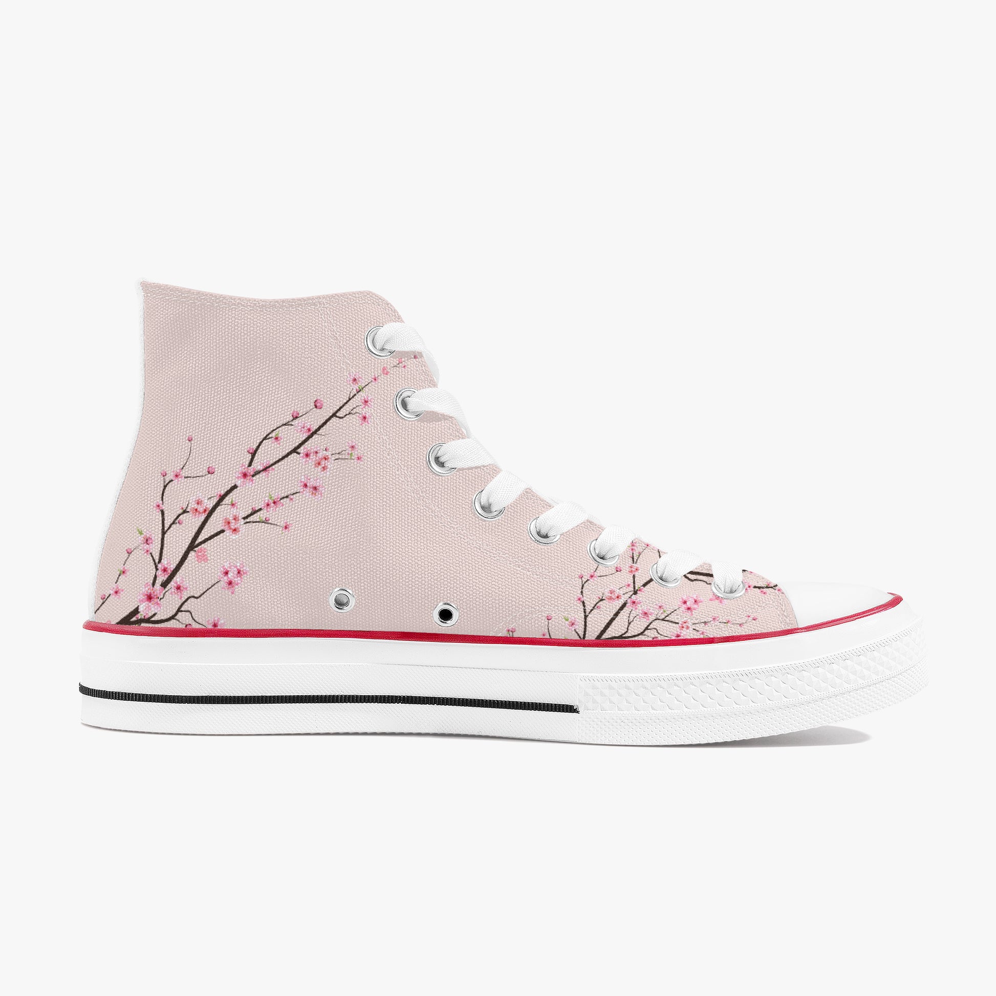 Pink high-top sneaker with cherry blossom design on a white background