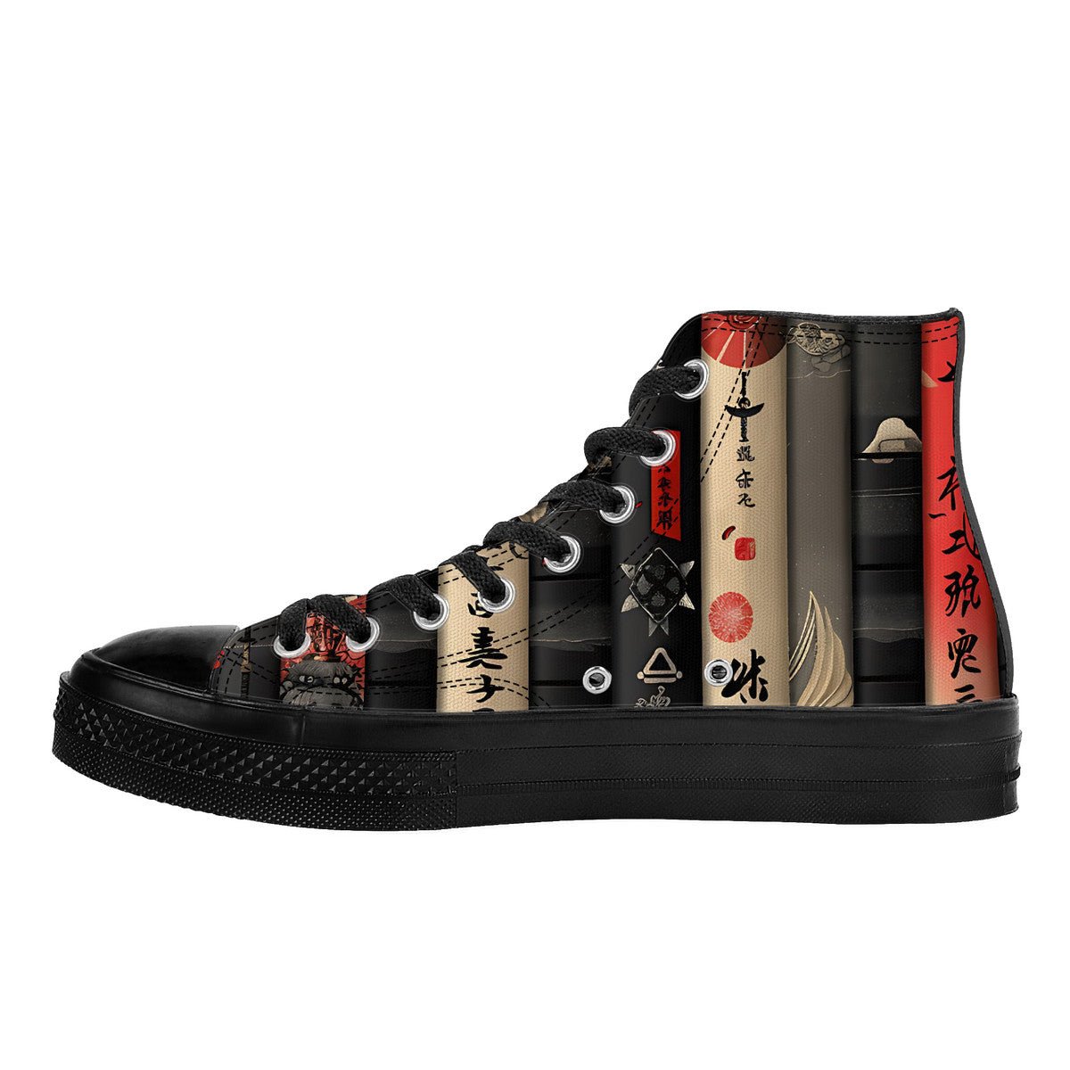 Black High - Top Sneakers with Japanese Book Spine Print - 
