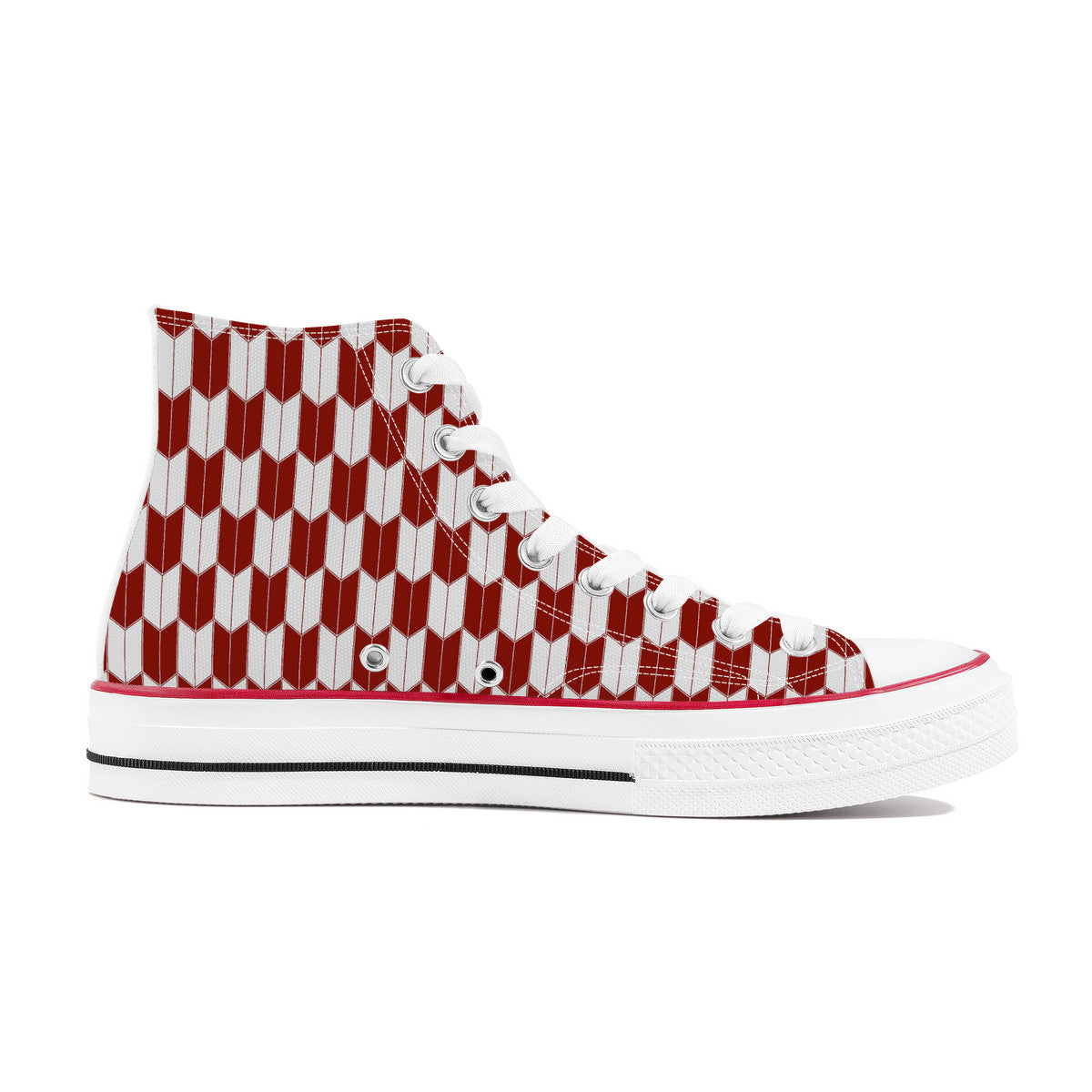 Red and white geometric patterned sneaker on a white background
